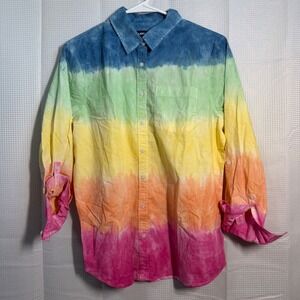 NWT Flawed Lands End Rainbow Tie Dye Button Up Shirt M/P 10-12 Roll Tab Sleeve